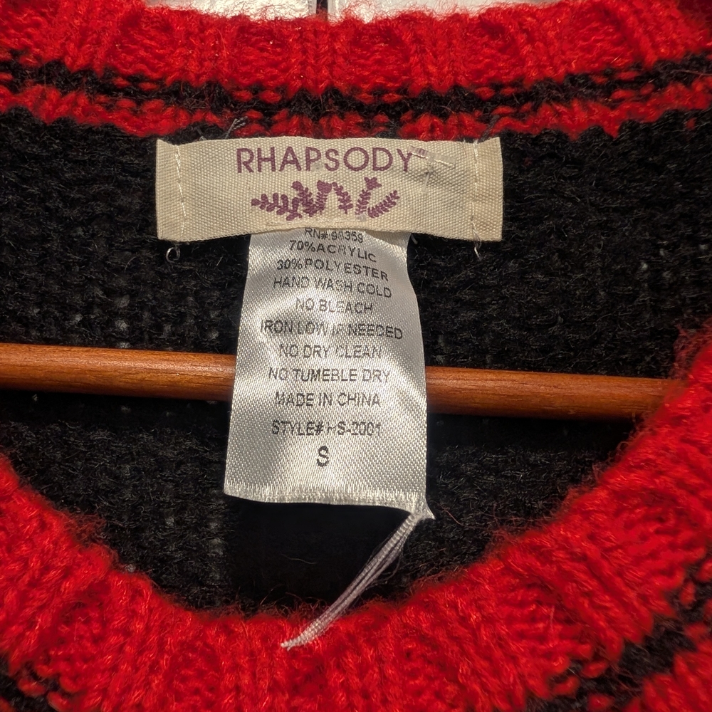 RHAPSODY Women's Black Knit Crewneck Sweater with Red Floral Intarsia Design - Picture 5 of 7